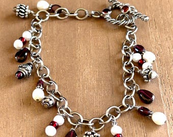 Vintage Sterling Silver Garnet Real Pearl Charm Bracelet 8”