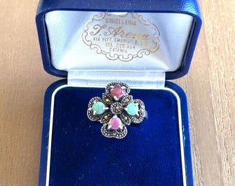 Vintage Italian Sterling Ruby Emerald Marcasite Ribbon Heart Ring Sz 7.5