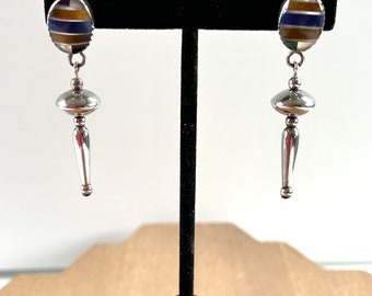 Vintage Southwestern Zuni Inlaid Sterling Lapis Tigers Eye Stud Dangle Earrings