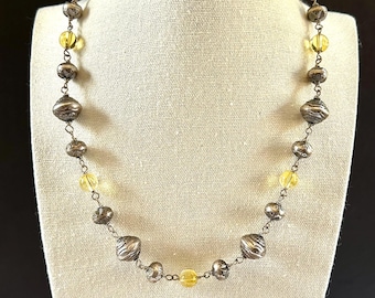Vintage Boho Sterling Silver Bead Yellow Citrine Crystal Bead 18” Necklace
