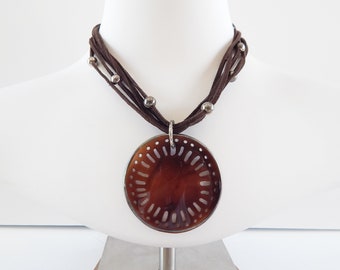 Silpada Brown Pen Shell Necklace Sterling Silver Bead 5 Strand Suede
