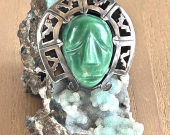 Vintage Large TAXCO Sterling Green Onyx Tribal Head Brooch Pin Signed HH
