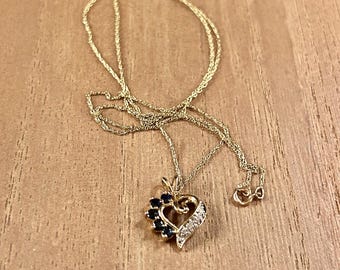 Vintage 10K YG Gold Blue Sapphire Diamond Heart Pendant on 10k Chain