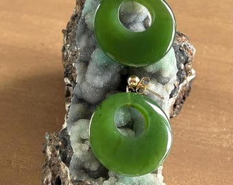 14K YG Yellow Gold Post Gold Natural Green Jade Hoop Earrings