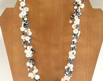 Vintage 3 Twisted Strand White and Gray Real Pearl Necklace Filigree Magnetic Closure