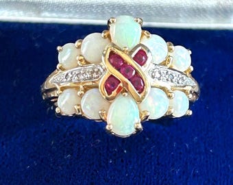 Vintage 14K Solid YG Gold Cluster Opal Ruby Criss Cross Ring Sz 7.5