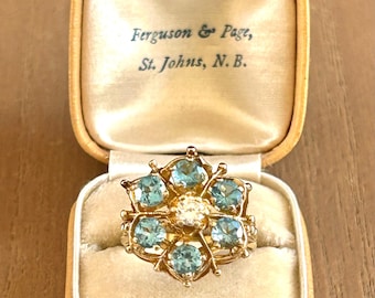 Vintage 14K Solid YG Gold Blue Topaz Cluster Diamond Center Ring Sz 6.5