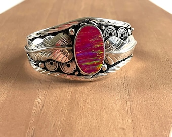 Wide Mexico Mexican Sterling Silver Pink Opal Cuff Bracelet