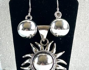 Sterling Silver Sunburst Ball Pendant Matching Pierced Ball Earrings Mexico