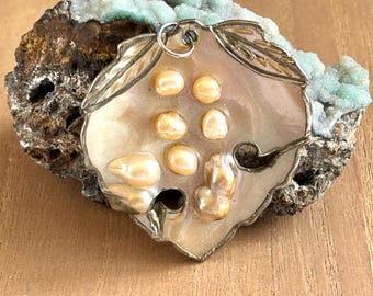 Carved Blister Pearl Floral Sterling Shell Pendant