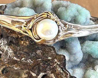 Hagit Gorali ISRAEL 14K Gold YG Sterling Silver Pearl Cuff Bracelet