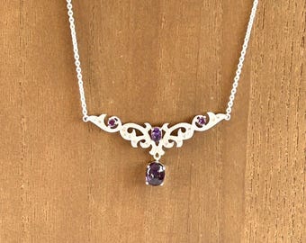 Ornate Sterling Silver Pendant Amethyst Cabachon Drop Necklace Thailand 18”