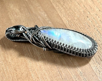 Vintage Large Rainbow Moonstone Pendant Sterling Silver Artisan Crafted