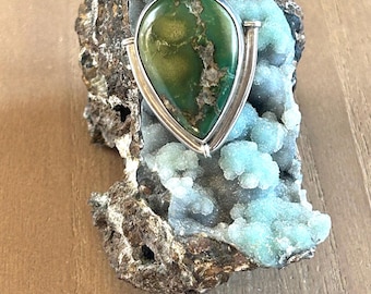 Vintage Large Deco Green Turquoise Sterling Silver Pendant