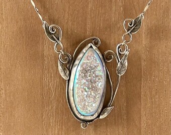 Vintage Rainbow Druzy Pendant Necklace Artisan Sterling Silver Chain