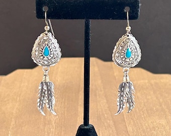 Vintage Navajo Signed SC Turquoise Concho Feather Dangle Earrings