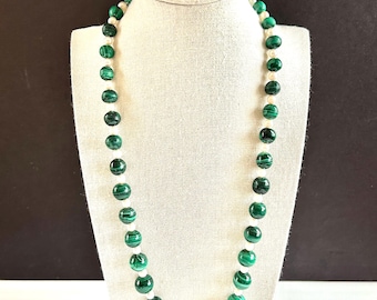 Vintage Graduated Malachite Cultured Pearl 23” Necklace 14K Gold Clasp
