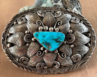 Heavy Navajo Sterling Silver Turquoise Signed E Belt Buckle