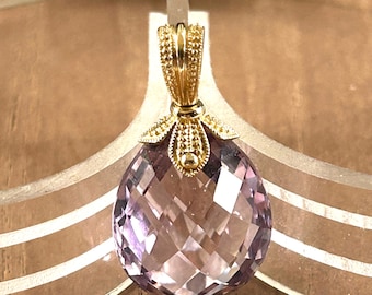 Large 26 Carat Amethyst Briolette Pendant 14K Yellow Gold YG Etruscan Bail