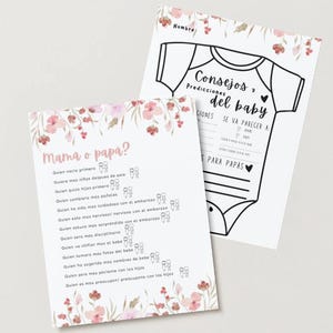 Puede incluir: Dos tarjetas de juego para baby shower. Una tarjeta tiene el texto "Mama o papa?" con preguntas en español. La otra tarjeta tiene un gráfico de body de bebé con el texto "Consejos y predicciones del baby" en español, con secciones para rellenar.