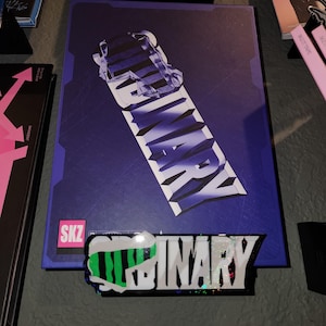 Puede incluir: Un álbum azul con la palabra "ORDINARY" en blanco y negro, con una cubierta de plástico transparente. Un pin a juego con el texto "ORDINARY" en blanco y verde está delante del álbum. El álbum tiene las letras "SKZ" en un recuadro rosa.