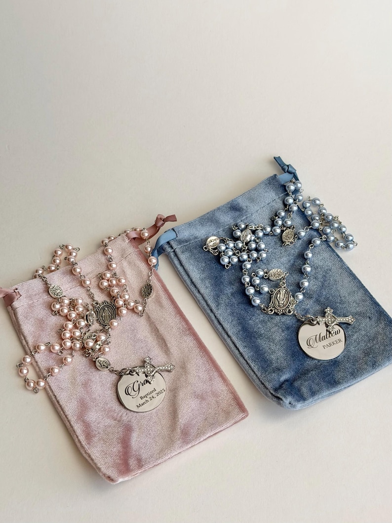 Personalized Baptism Rosary | First Communion Gift, Dusty Pink or Blue Beads image 16
