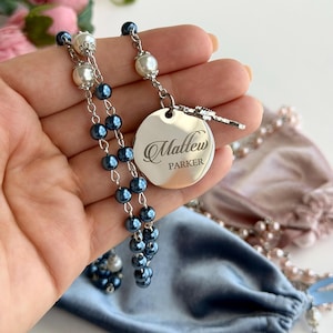 Personalized Baptism Rosary | First Communion Gift, Dusty Pink or Blue Beads image 7