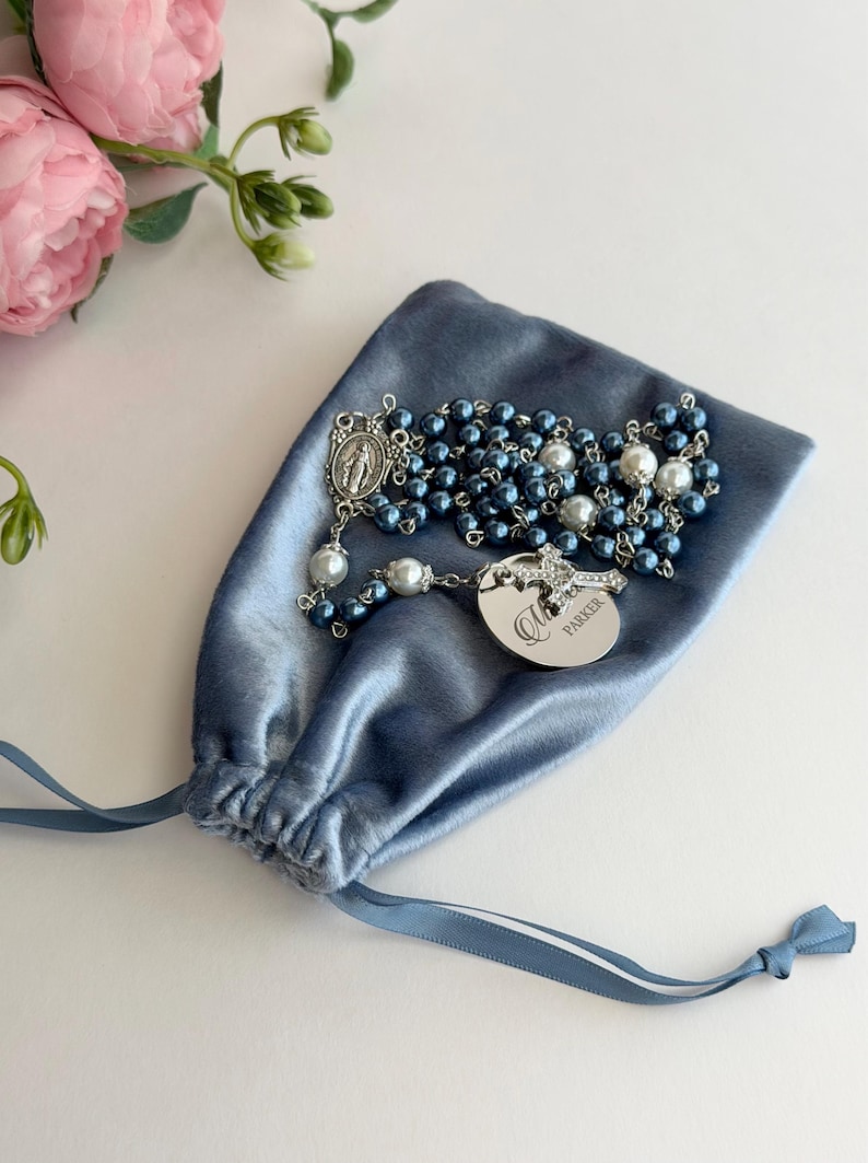 Personalized Baptism Rosary | First Communion Gift, Dusty Pink or Blue Beads image 8