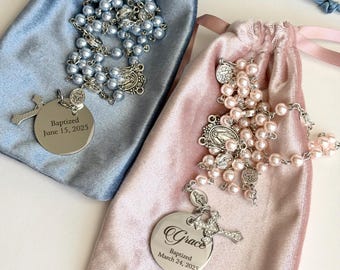 Personalized Baptism Rosary | First Communion Gift, Dusty Pink or Blue Beads