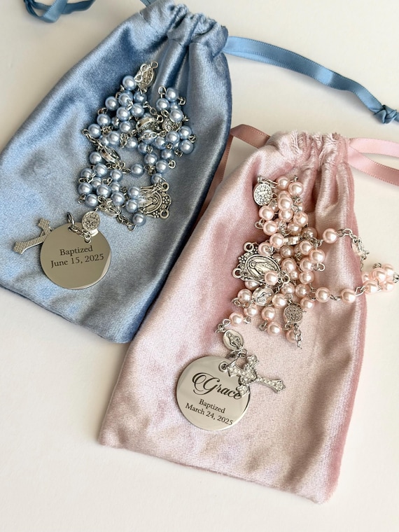 Personalized Baptism Rosary | First Communion Gift, Dusty Pink or Blue Beads