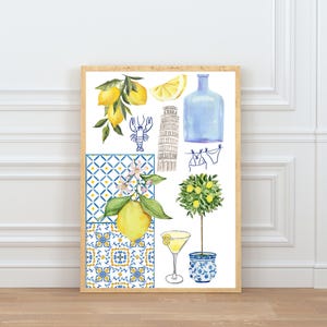 Costa Amalfitana, verão italiano, azul e amarelo, limões, padrão vintage, download digital, arte de parede