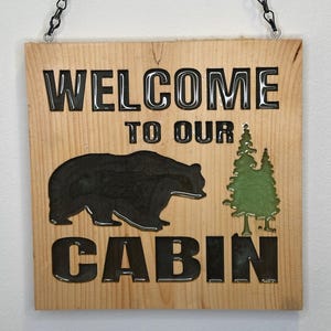 Personalized Cabin Welcome Sign: Engraved Wood, Bear & Pine Tree Decor