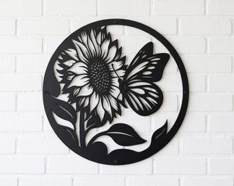 Sunflower Butterfly Wall Hanging - Matte Black Steel Garden Decor
