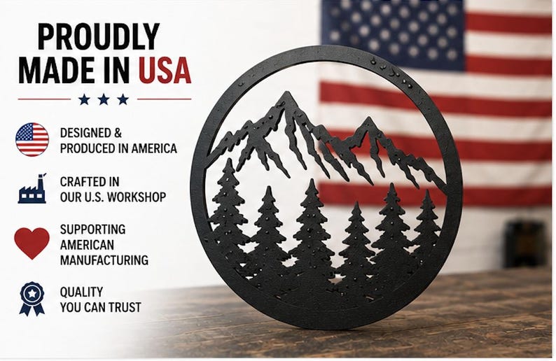 a black metal tree silhouette against a blurred American flag, with text highlighting that it is "Proudly Made in USA" and "Designed & Produced in America".