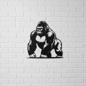 A black and white illustration of a gorilla standing on a brick wall.