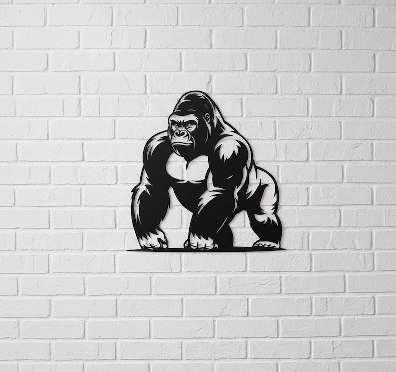 A black and white illustration of a gorilla standing on a brick wall.