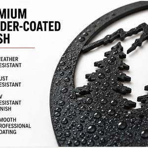a close-up of a black metal tree-like design with water droplets on it, accompanied by text highlighting the premium powder-coated finish, weather resistance, rust resistance, UV resistance, smooth professional coating, and professional finish.