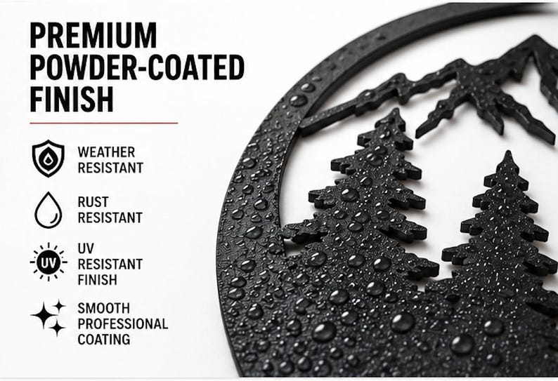 a close-up of a black metal tree-like design with water droplets on it, accompanied by text highlighting the premium powder-coated finish, weather resistance, rust resistance, UV resistance, smooth professional coating, and professional finish.