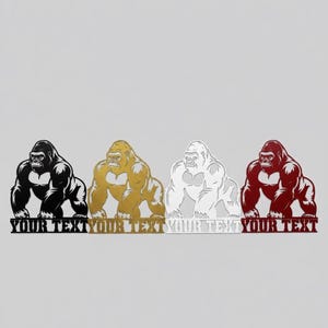 four stylized gorilla illustrations in different colors - black, gold, white, and red.
