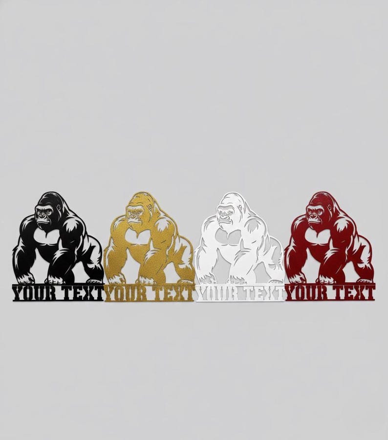 four stylized gorilla illustrations in different colors - black, gold, white, and red.