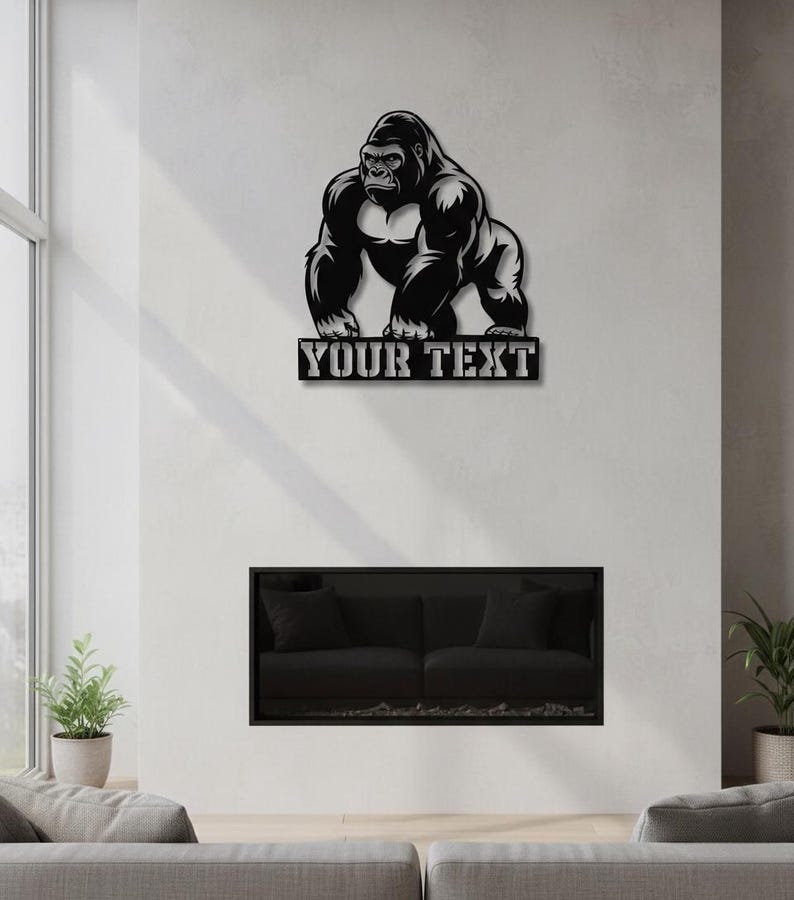 a wall with a large graphic of a gorilla and the text "YOUR TEXT" above it.