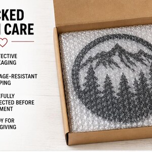 a cardboard box with a black circular design on the side, surrounded by bubble wrap, and a heart symbol. The box is labeled as "PACKED WITH CARE" and features a list of features such as protective packaging, damage-resistant shipping, carefully inspected before shipping, and ready for gift giving.