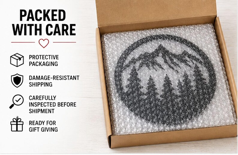a cardboard box with a black circular design on the side, surrounded by bubble wrap, and a heart symbol. The box is labeled as "PACKED WITH CARE" and features a list of features such as protective packaging, damage-resistant shipping, carefully inspected before shipping, and ready for gift giving.