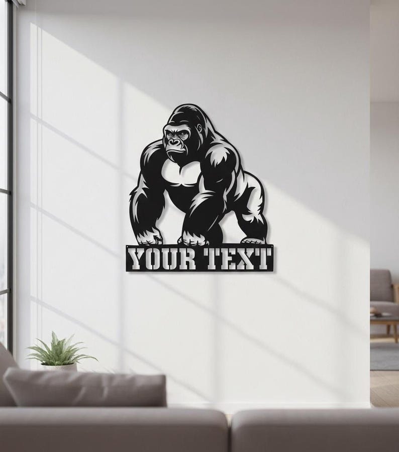 A wall decal depicting a fierce-looking gorilla, with the text "YOUR TEXT" below it.