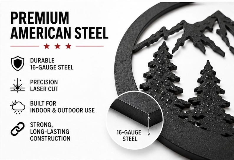 The image is a close-up of a premium American steel cutout depicting a mountain landscape with trees. The cutout is made of 16-gauge steel, which is described as durable, precision-cut, and built for both indoor and outdoor use. The cutout is also noted to be strong, long-lasting, and constructed with 16-gauge steel.