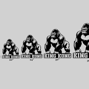 A series of five gorilla illustrations, each representing a different size, from 16" to 36" tall. The text "KING KONG" is displayed below each illustration, indicating the name of the gorilla.
