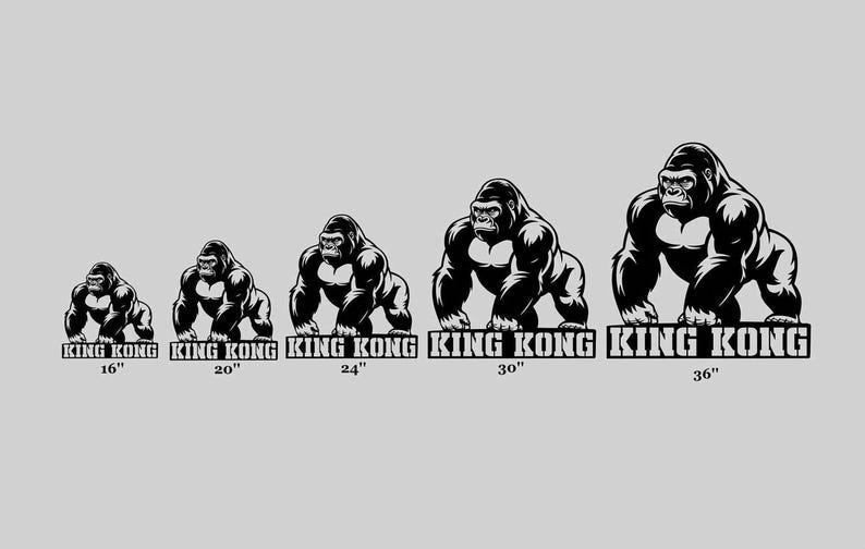 A series of five gorilla illustrations, each representing a different size, from 16" to 36" tall. The text "KING KONG" is displayed below each illustration, indicating the name of the gorilla.