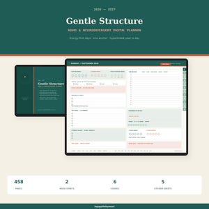 Può includere: Un'agenda digitale intitolata Gentle Structure per il 2026-2027, con una copertina verde scuro e una schermata di layout giornaliero. L'interfaccia include sezioni per livelli di energia, blocchi temporali, attività e pasti.