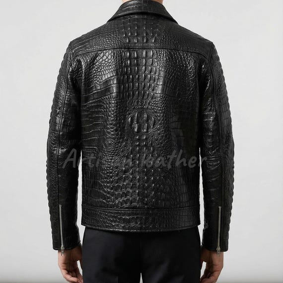 Men’s Leather Jacket Gift for Him, Handmade Biker Jacket, Crocodile Embossed Cowhide, Birthday Gift Boyfriend Husband