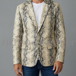 Mens Snakeskin Leather Blazer Jacket, Python Print Coat, Exotic Pattern Suit Jacket, Slim Fit Luxury Statement Blazer Men